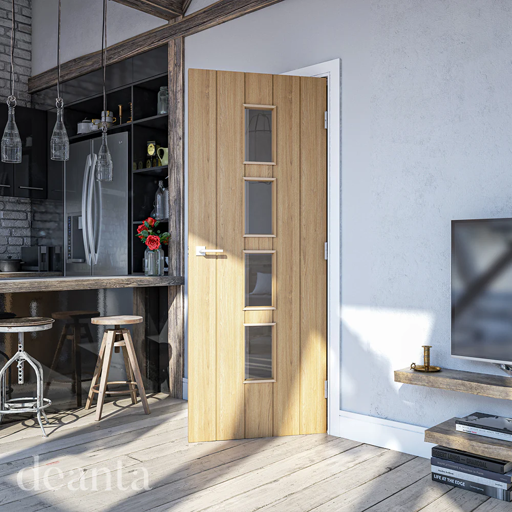 Galway Glazed Vertical Panel Oak Fire Door - Image 3