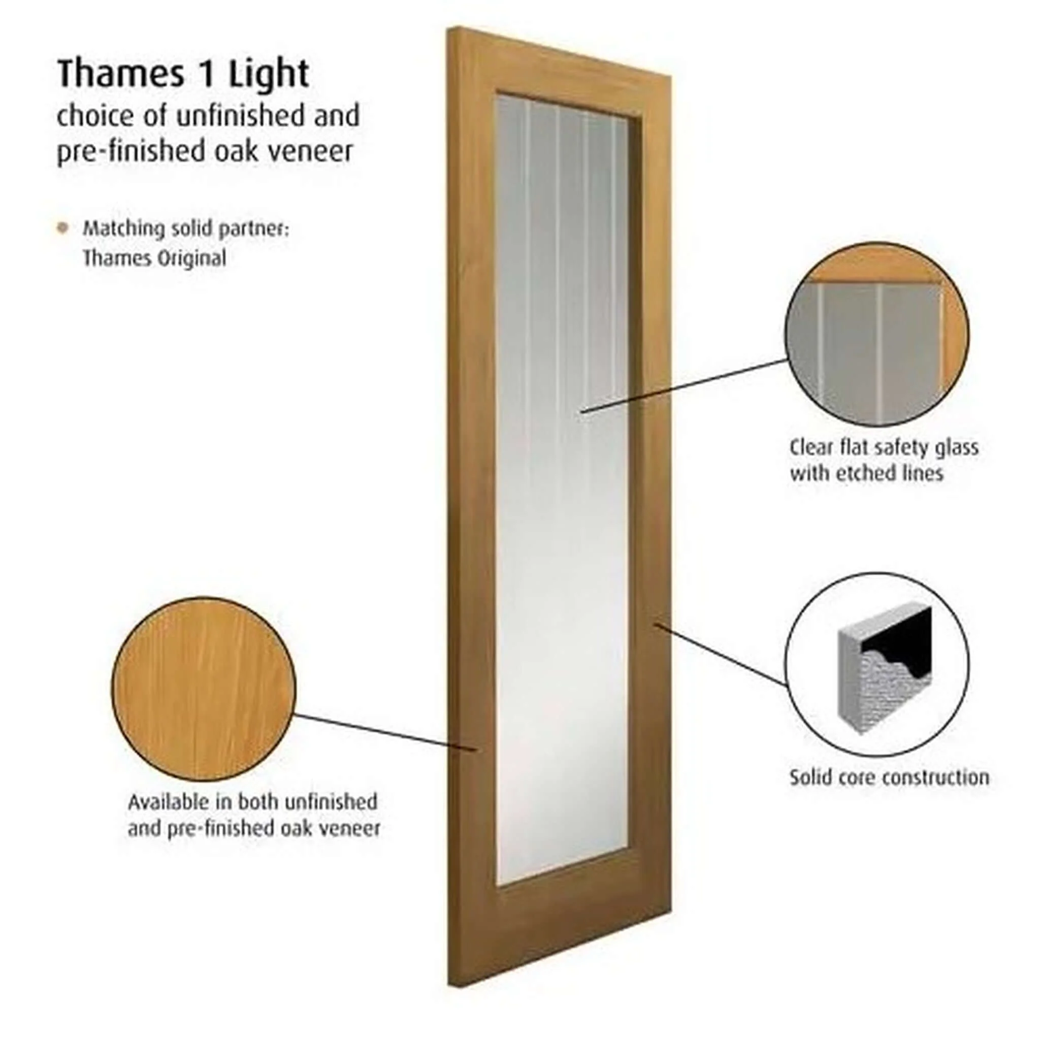 Thames 1 Light Prefinished Oak Internal Door - Image 4